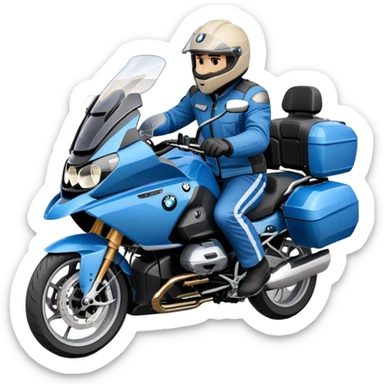 blue BMW RT1200 touring motorcycle with rider on open road sticker