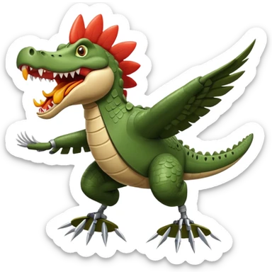 crocodile head with a terrifying mouth merged with a military bomber body, arms as airplane wings with rockets, legs as massive chicken legs like a hut on chicken legs, moving with a roar, trail of destruction sticker