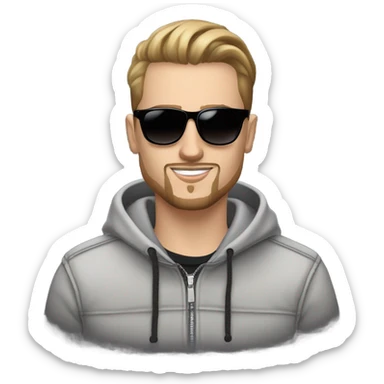 23y old white guy with brown slickback hair and goatee beard wearing sportstyle sunglasses. Balenciaga louis vitton guess  sticker