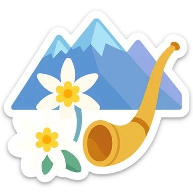Edelweiss flowers very white, Alpine horns curved, add a mountainous background, colorful icon style with a kitsch alpine ambiance. sticker
