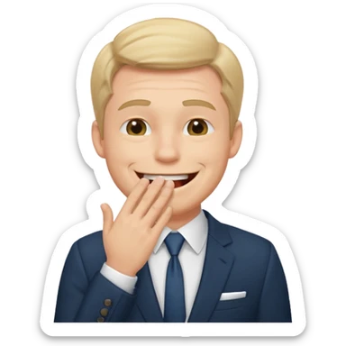 a white man in a formal suit laughs, covers his mouth with his hand sticker