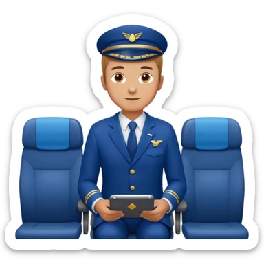 A  male courteous flight attendant checking seat rows with a polite, attentive posture. sticker