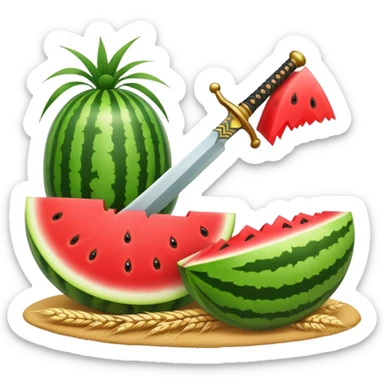 A watermelon cut in a half with a sword, and wheat growing from it. sticker