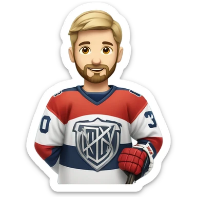 boy with beard and hockey jersey holding trophy sticker