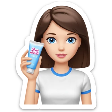 Barbie girl with makeup, blue eyes , and bob long haircut, short brown hair in white T-shirt, face Wash Cream sticker