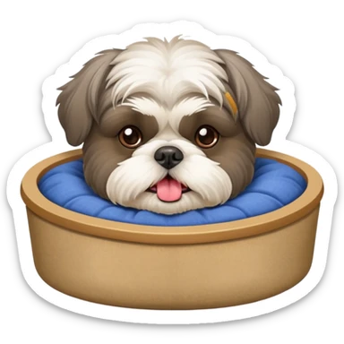 old grey shih tzu in dog bed with bowl of food tongue hanging out sticker
