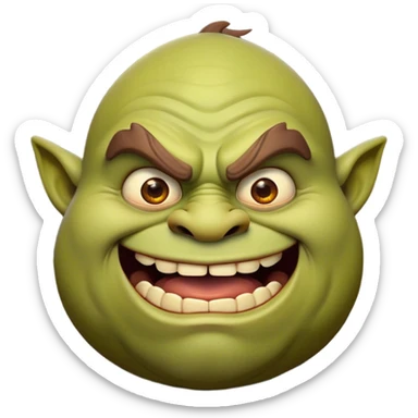 Cinematic Comical Ogre Portrait Emoji, with a strikingly exaggerated, bulky figure in vivid earthy greens and browns, head tilted in a dramatically surprised expression with wide, comically bulging eyes and a goofy, oversized grin, simplified yet hilariously exaggerated, highly detailed with a soft, cartoonish glowing outline capturing the playful absurdity of a meme-worthy ogre! sticker