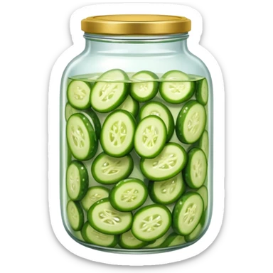 A jar of pickled cucumbers with clear brine and green whole pickles.







 sticker