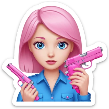 white girl with blue eyes, pink fingernails, holding a pink gun sticker