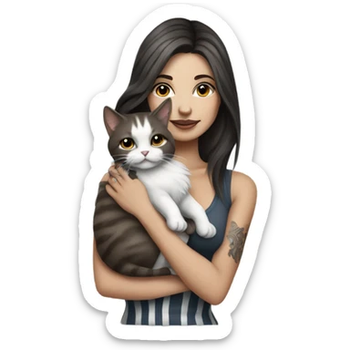 Beautiful dark brown haired tattooed woman holding gray and white striped long hair cat sticker