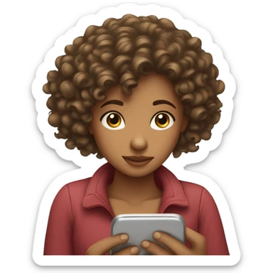 a curly haired girl looking down at the phone in her hand sticker