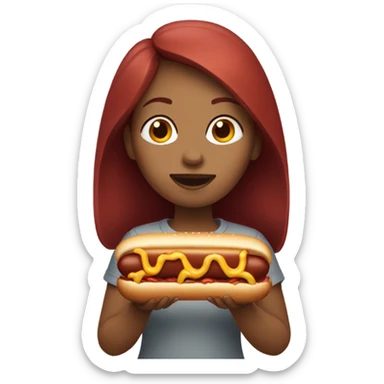 Girl with dark red hair eating a hotdog sticker