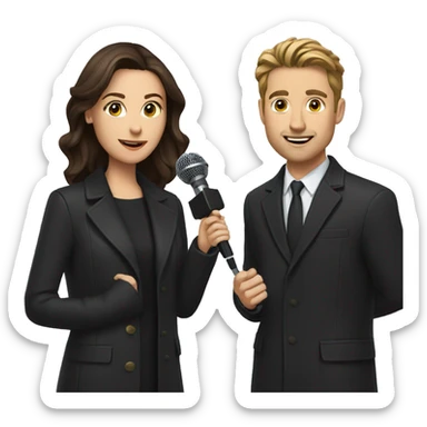 White male reporter with a microphone, brunette in a black coat sticker