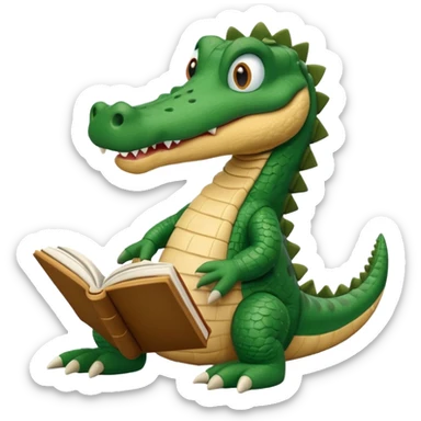 A claymation-style academic alligator with a book. The background is a solid white circle sticker