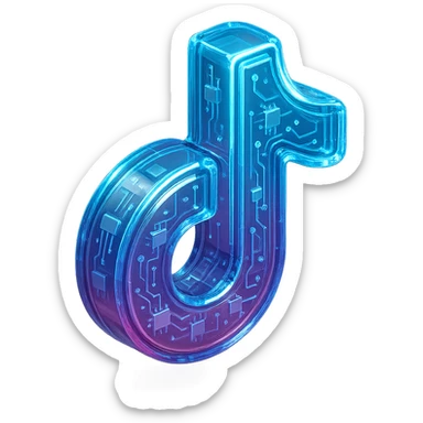 Futuristic TikTok logo, glossy circuit style, luminous blue highlights, transparent background sticker