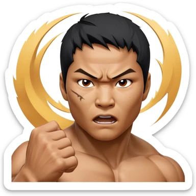 ​Cinematic Realistic Portrait of Tony Jaa, a close-up depiction capturing his intense, determined expression and finely detailed features, rendered with dramatic natural lighting that emphasizes his rugged athleticism and unmistakable martial arts presence, sticker