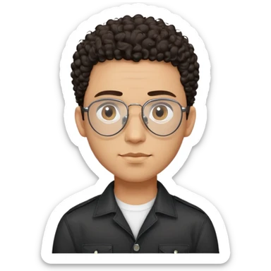 Man with small face and prominent forehead, teardrop-shaped aviator glasses, very minimal dark curly hair on top with completely shaved sides, light brown complexion, gentle expression, black button-up shirt sticker