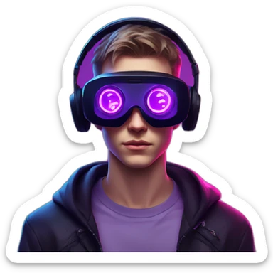 Russian young man wearing a black hoodie with "OMG" letters on it and VR headset in a cyberpunk VR environment with violet neon lighting. sticker