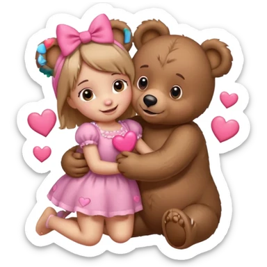 girl bear with bow on her head and boy bear hugging, couple, surrounded by hearts, playful and loving, cute sticker