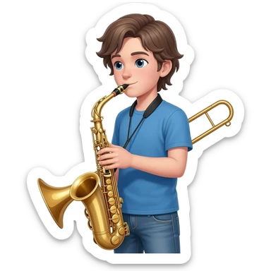 tall white boy with a medium length middle part, playing alto saxophone with a trombone behind him. he boy is wearing jeans and a blue t shirt. sticker