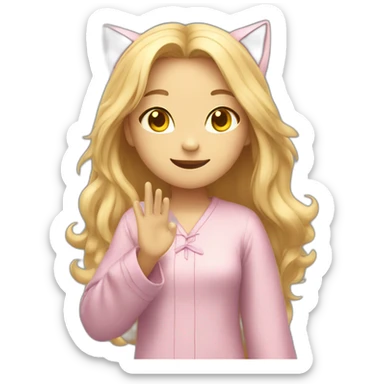 Catgirl with long blond hair yellow eyes in Choral pajamas waving sticker