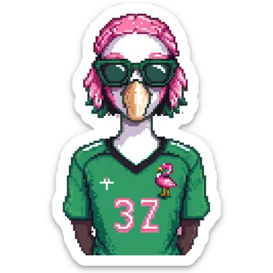 flamingo soccer player wearing sunglasses and a black and green jersey sticker