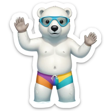 friendly anthropomorphised polar bear standing in a small puddle, wearing colorful board shorts, swimming armbands, scuba mask over eyes sticker