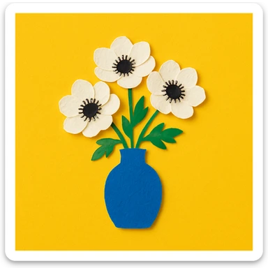 bouquet of white and black anemone flowers in a blue ceramic vase, yellow background sticker