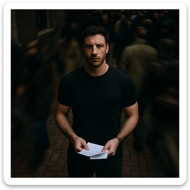 Cinematic overhead shot, person from reference, no headphones, black shirt, fit and athletic, standing still on a brick city sidewalk, motion-blurred crowd, moody lighting, 35mm film look, shallow depth of field, sharp focus. Urban. Render in a style suitable for cinematic photography with moody lighting and shallow depth of field. sticker