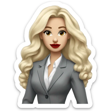 Russian Blonde long hair with big red lips small nose and black eyes Tiffany diamond seller in a grey suit sticker