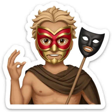 Greek thespian in full costume with a mask holding a prop sticker