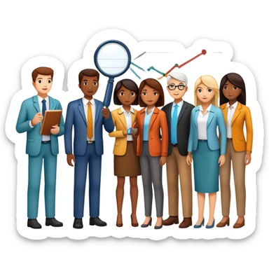 An icon featuring a group of diverse people, interconnected by lines, symbolizing sociology. The design includes a magnifying glass and a bar chart, representing the study of societies and social structures. Transparent background highlights the analysis of human behavior and social dynamics. sticker