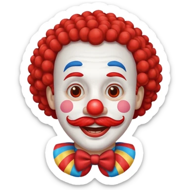 Classic clown — curly mustache, red nose sticker