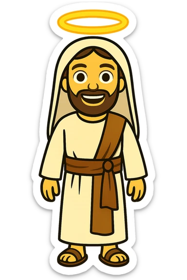 Create a centered full body image of Apostle Peter in classic emoji style. He is facing straight, smiling with an expressive face and a halo, wearing a robe with a brown sash and head covering as in the reference image, but with long sleeves. No background. sticker