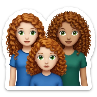 Make me 3 girls. One with medium size curly ginger hair, white skin and green eyes,  one with long curly dark brown hair with a little just a little darker skin and brown eyes,  and one with white skin and straight dark blonde hair and blue eyes  sticker
