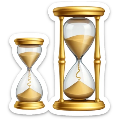 A small hourglass with just a little sand left at the bottom and a shining golden alarm bell next to it, representing a very short task sticker