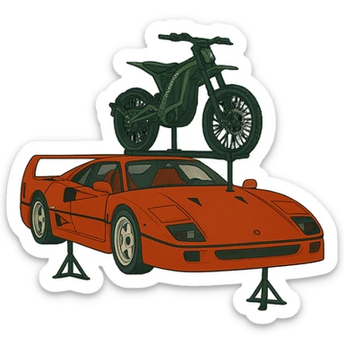Replace the two bikes with one Sur-Ron electric bike with a green frame, mounted on the roof rack of the stylized Ferrari F40. Keep the background transparent. sticker