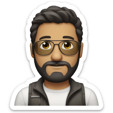 A man with dark hair and a beard now add aviator glasses with a little plane in the background sticker