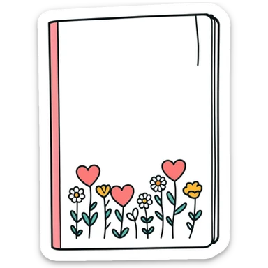 A closed journal book with Doodles of hearts and flowers drawn on the front cover, Digital watercolor illustration, isolated die cut sticker. 8k sticker
