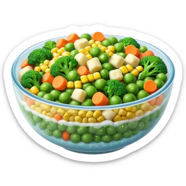 A close-up of a bowl filled with frozen mixed vegetables — peas, carrots, corn, and broccoli — covered with a light layer of frost. The colors are bright but slightly muted from freezing. Natural lighting, high-detail macro food photo. sticker
