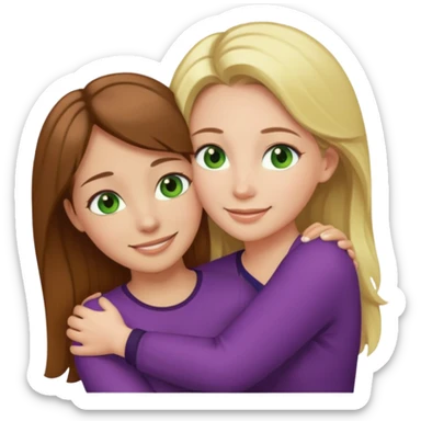 Maman avec les cheveux marrons les yeux marrons et la peau blanche, la fille avec les cheveux blond les yeux verts et la peau blanche, qui se font un câlin  sticker