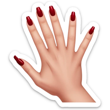 left hand of a woman with all five fingers painted in dark red nail polish, glossy finish, deep saturated red, smooth gradient, minimal details, clean and shiny
 sticker