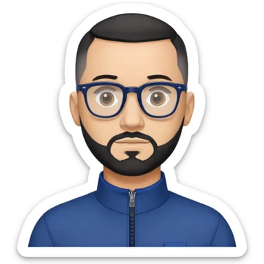 Light-skinned 40-year-old male with buzzcut black hair, gray short beard, black-framed glasses, navy blue zip-collar sports long sleeve shirt sticker