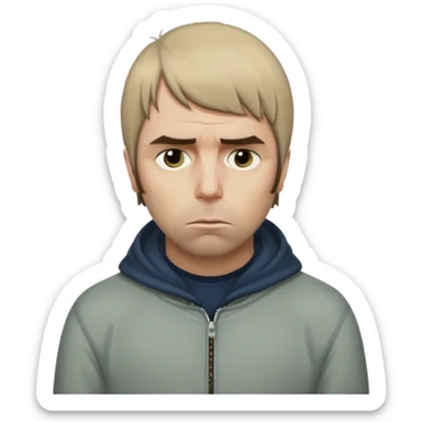 Liam Gallagher sitting alone, looking down, sad mood, emoji style sticker