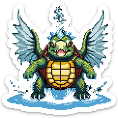 Spiky-shelled turtle with dragon wings, sharp fangs, and dangerous claws, firing a jet of water and steam from its mouth sticker