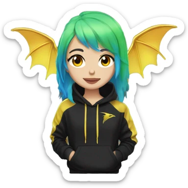 Lady with brunette and iridescent blue hair, gold, lime green dragon wings, black hoodie, bleach dyed, black and gold Nike t shirt, and bright red eyes sticker