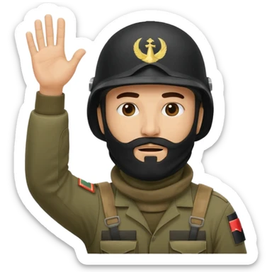 surrenders, depicts an Iraqi soldier from 1980, with a beard, in a helmet, with a balaclava, with a sad face and raised hands sticker