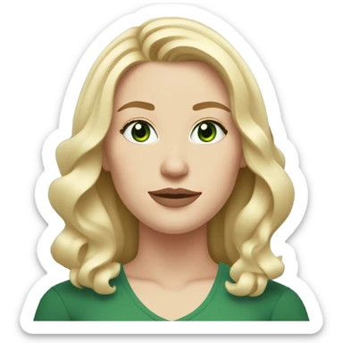 A strong white woman with bright green eyes, asymmetrical, wavy blonde hair, medium length, soft pink lips with a mole underneath her chin ￼ sticker