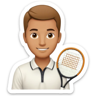 caramel brown Chindian male tennis coach, short straight hair with widow's peak, oval face, small eyes, smiling sticker