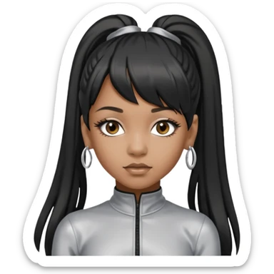 Left Eye from TLC with long black ponytail hair, silver outfit sticker